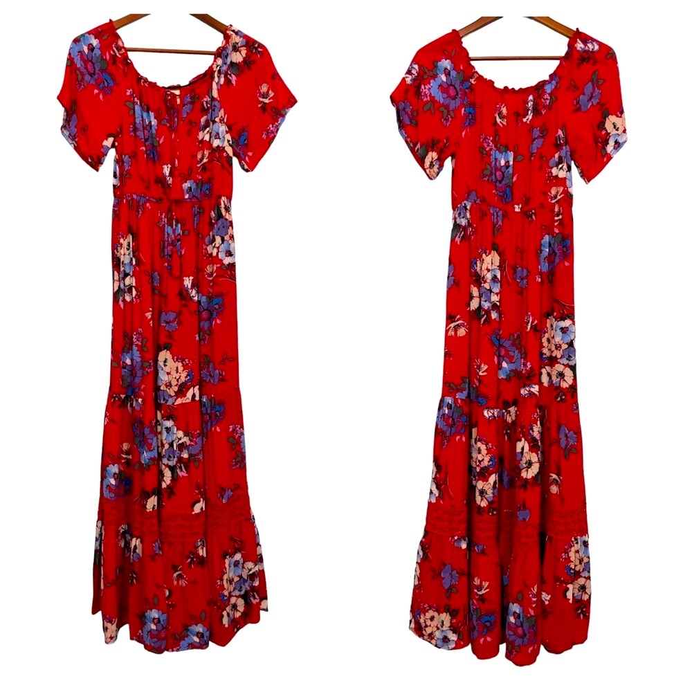 BAND OF GYPSIES Boho Red Floral Maxi Dress Size S